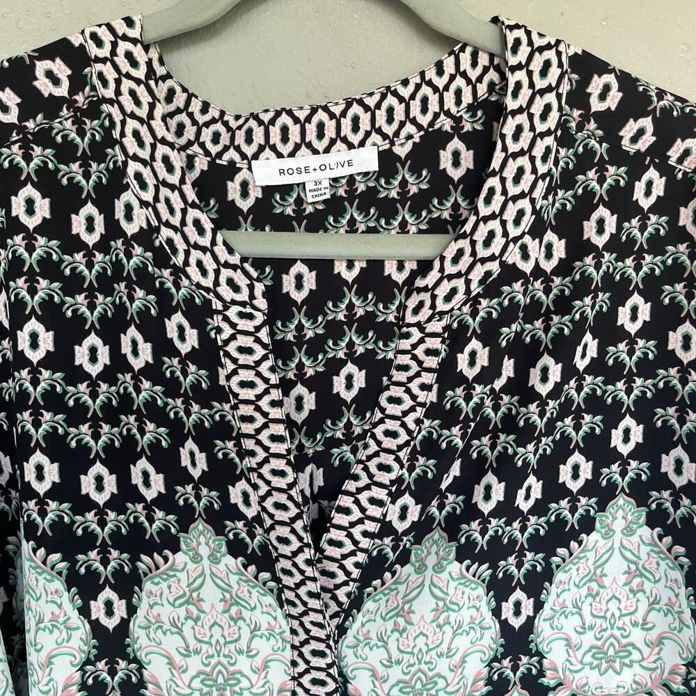 Rose + Olive Blouse 3x Black Green Floral Split Neck Boho Peasant Popover Top - Picture 5 of 15
